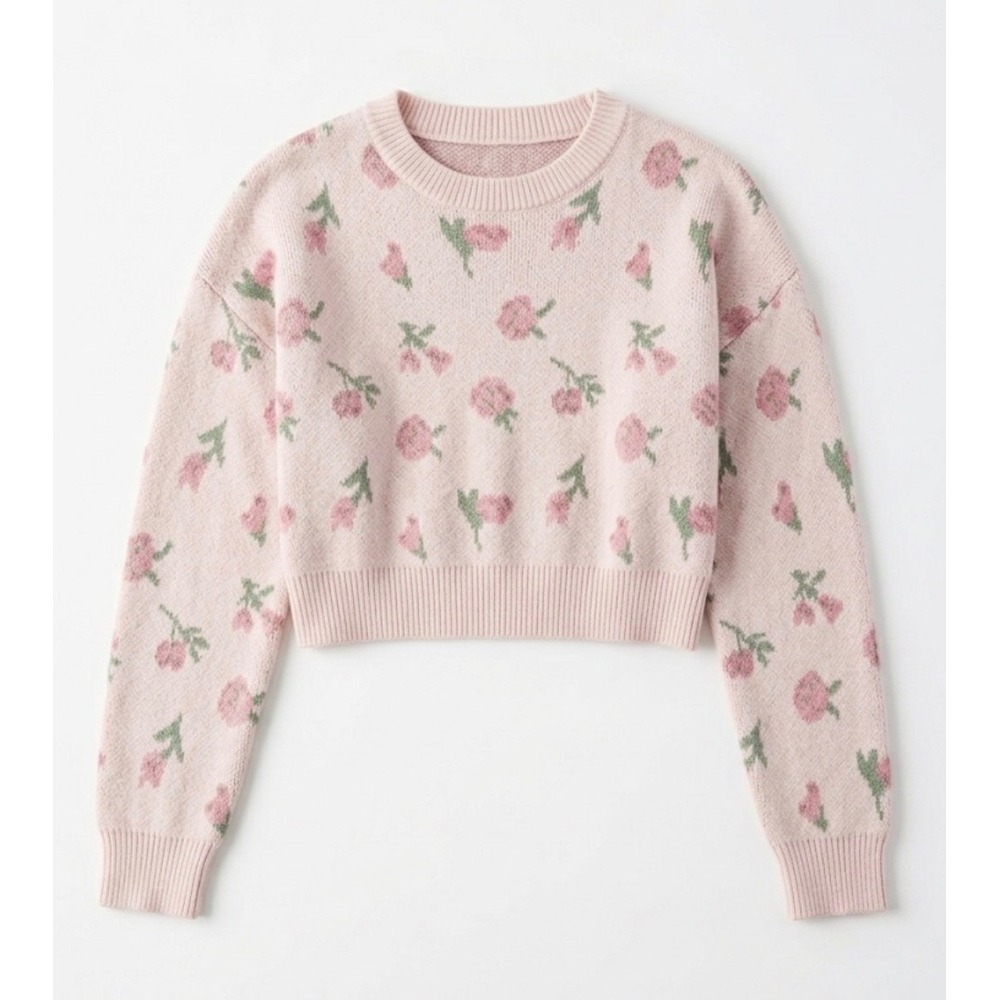 Le Lis Collection Pink Floral Rose Cropped‎ Sweater Size Small Crewneck NWT